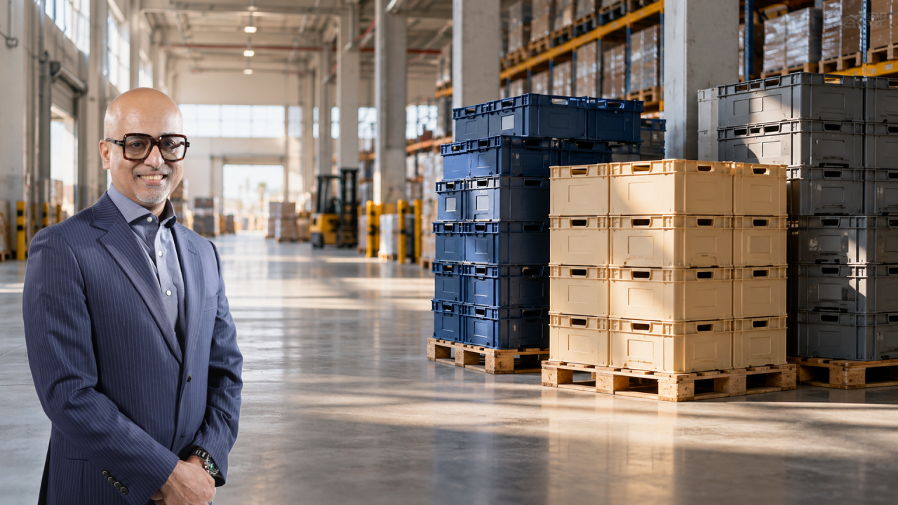 Tom Thomas in a warehouse with stacked distribution crates